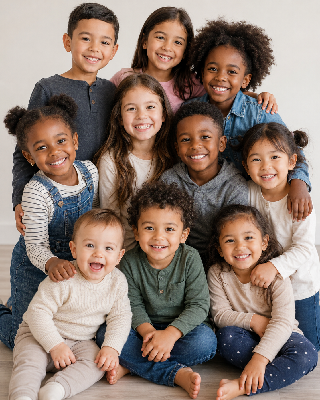 A group of happy, diverse children smiling together
