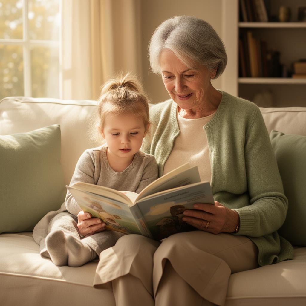 A grandmother reading with her young grandchild on a sunlit couch
